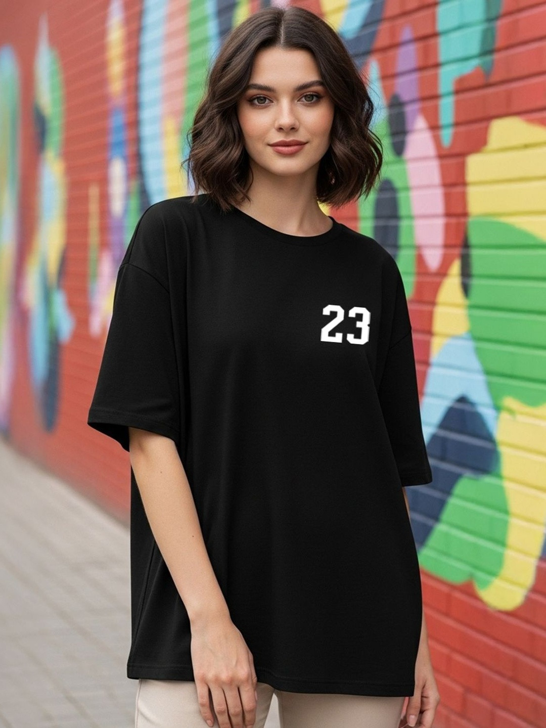 BENNY BROOKS Women Half Sleeve Oversized Round Neck Graphic Printed T-shirt