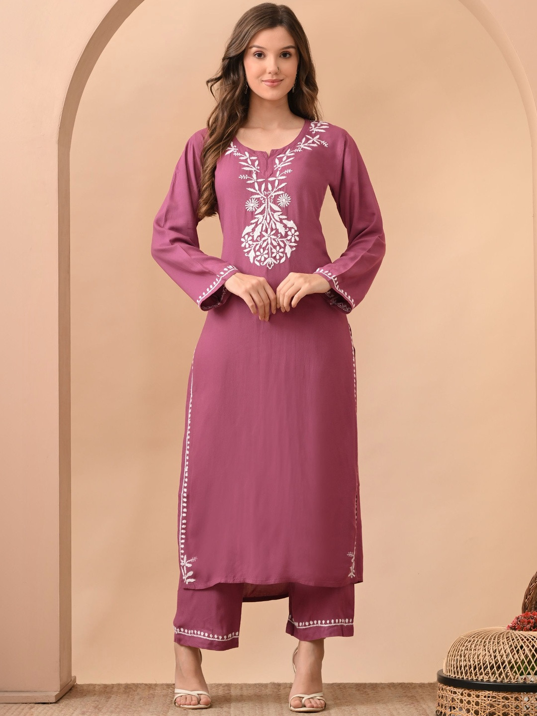 Syrish Ethnic Motifs Embroidered Round Neck Thread Work Straight Kurta With Palazzo