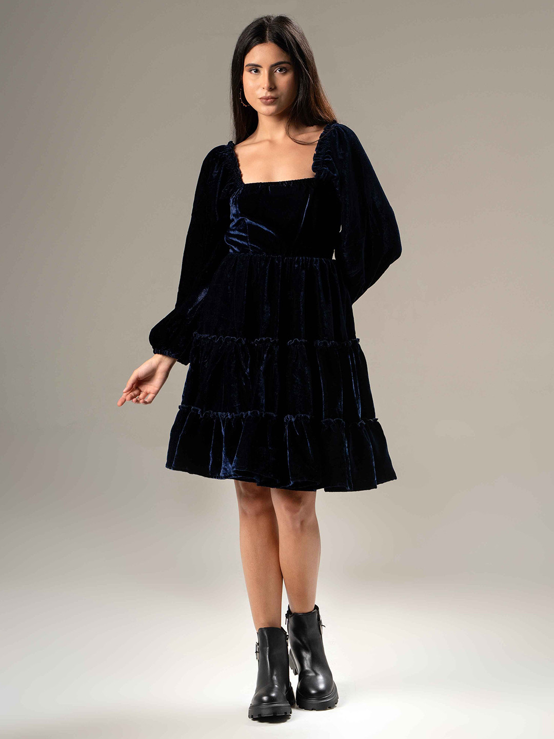 Urban Sundari Puff Sleeve Ruffled Velvet Fit & Flare Mini Dress