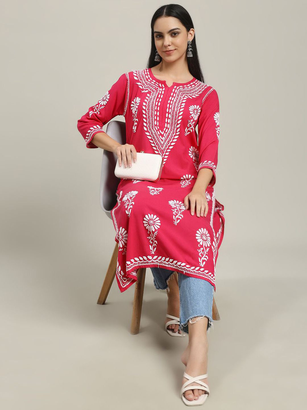 Fashionable Chikan Handikraft Women Lucknowi Chikan Ghaspatti Handwork Long Kurta