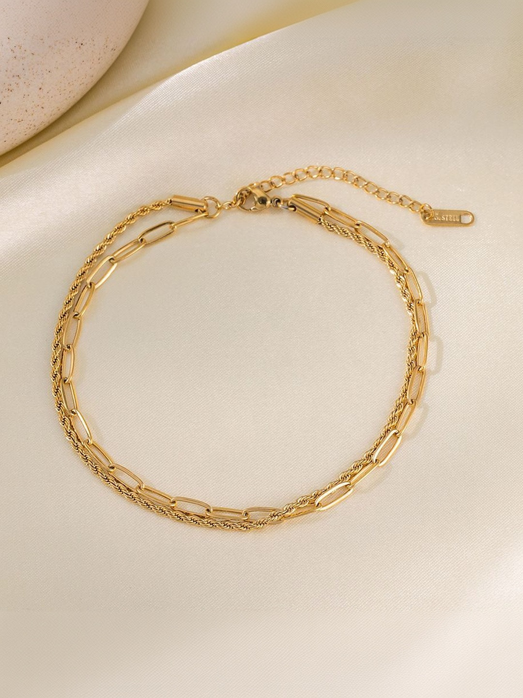 MYKI Stainless Steel Gold-Plated Paperclip & Rope Chain Wraparound Bracelet