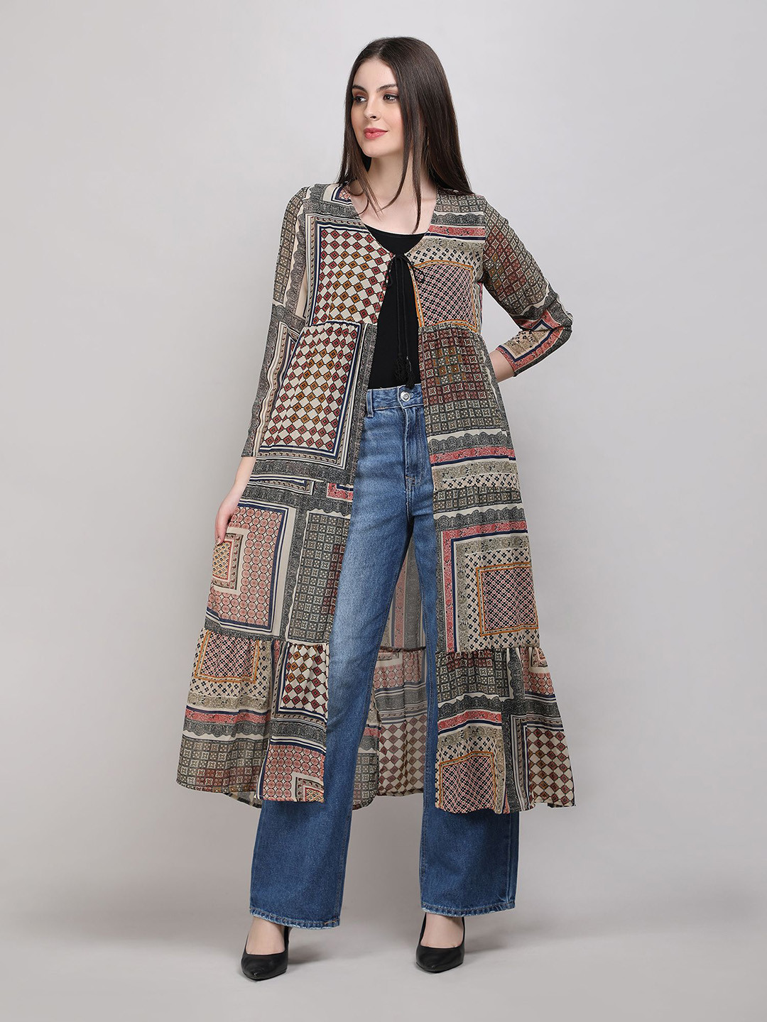 Lush&Loom Lifestyle Printed Longline Tie-Up Long Sleeves Shrug