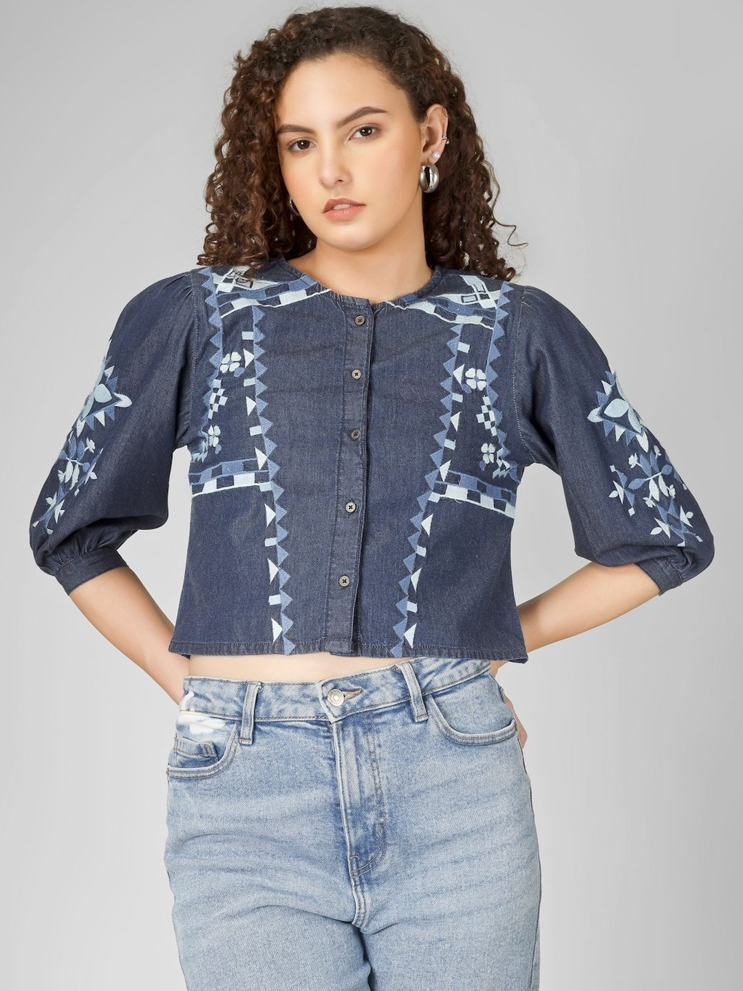 COSMIC TRIO Embroidered Puff Sleeve Ethnic Cotton Denim Crop Top