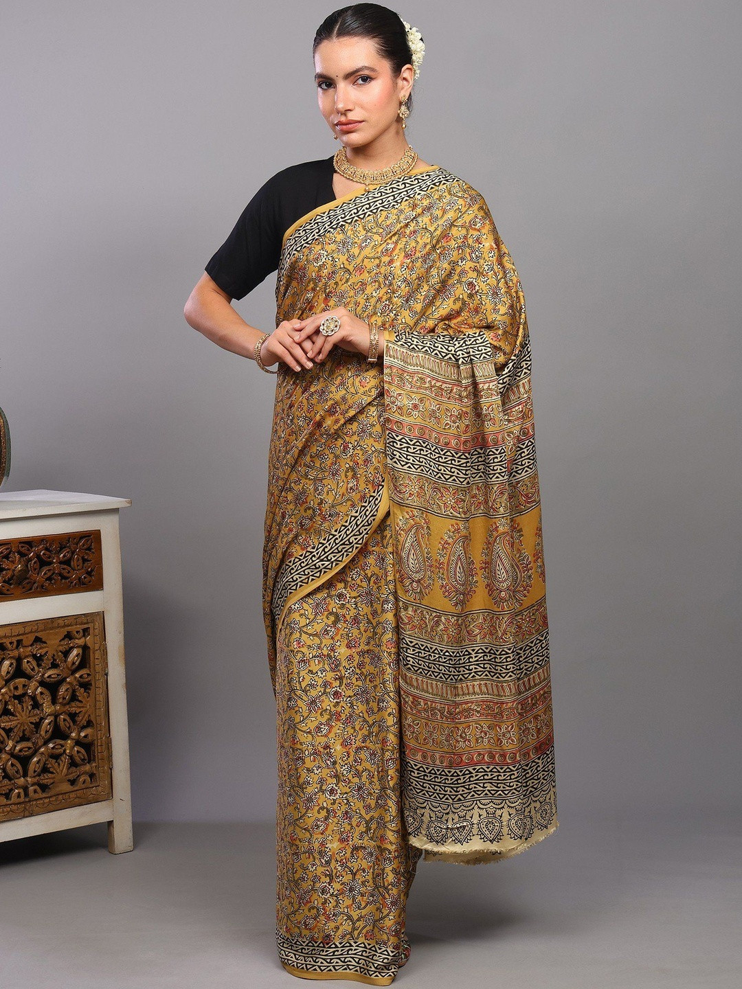 Exotic India Kalamkari Block Print Saree
