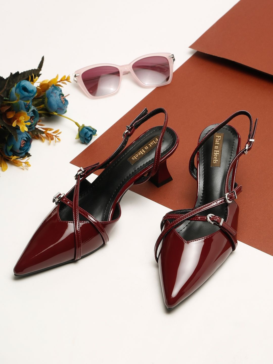 Flat n Heels Women Pointed Toe Kitten Heels Mules with Buckles