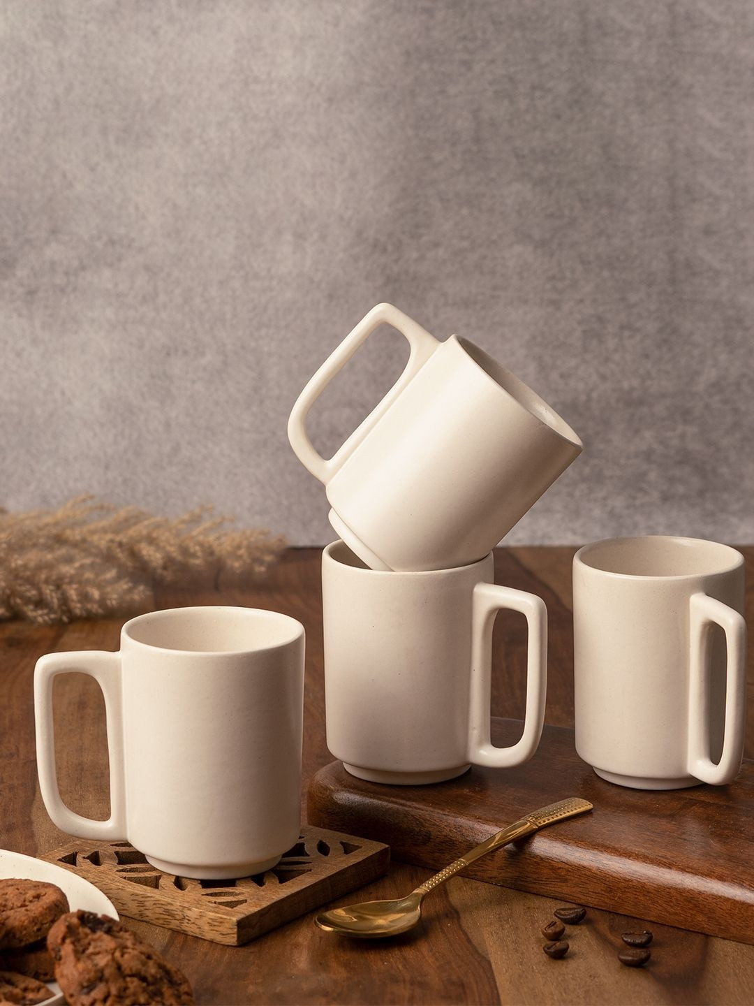 BODHI HOUSE White Ceramic Dishwasher and Microwave Safe 4 Pieces Mugs 240 Ml