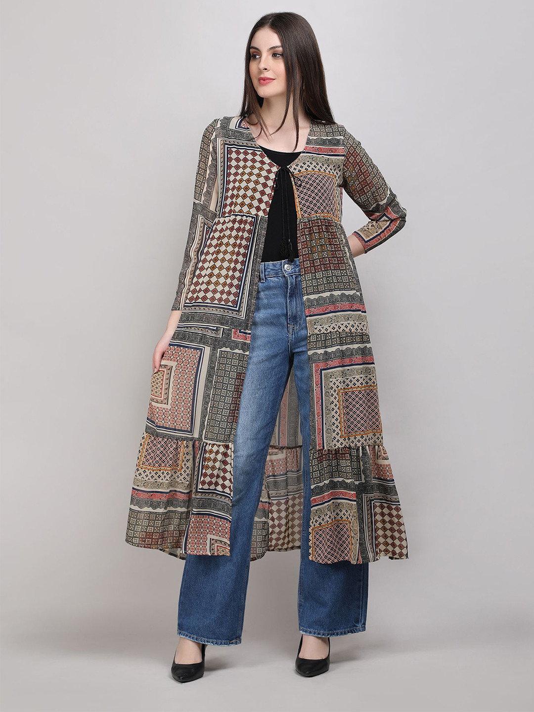 AD Fashion Printed Longline Tie-Up Shrug