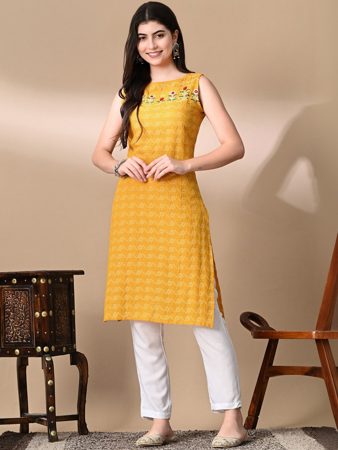 KAMAKSHI Ethnic Motifs Printed Boat Neck Thread Work Pure Cotton Thread Work Kurti