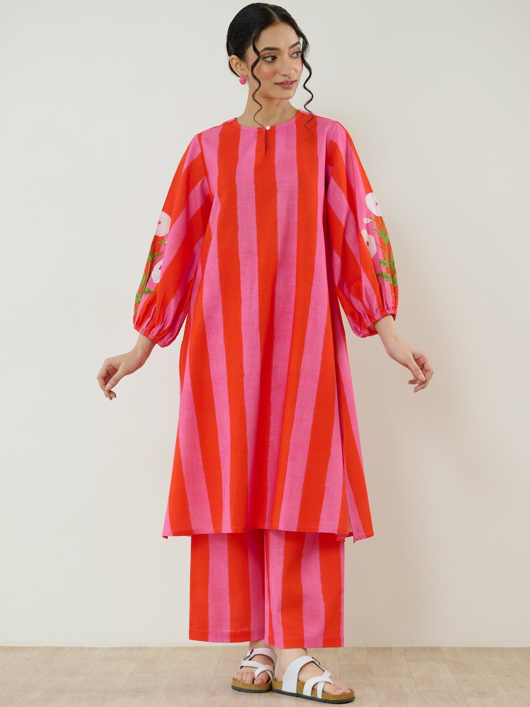 Rustorange Verandah Striped Keyhole Neck Pure Cotton A-Line Kurta with Palazzo