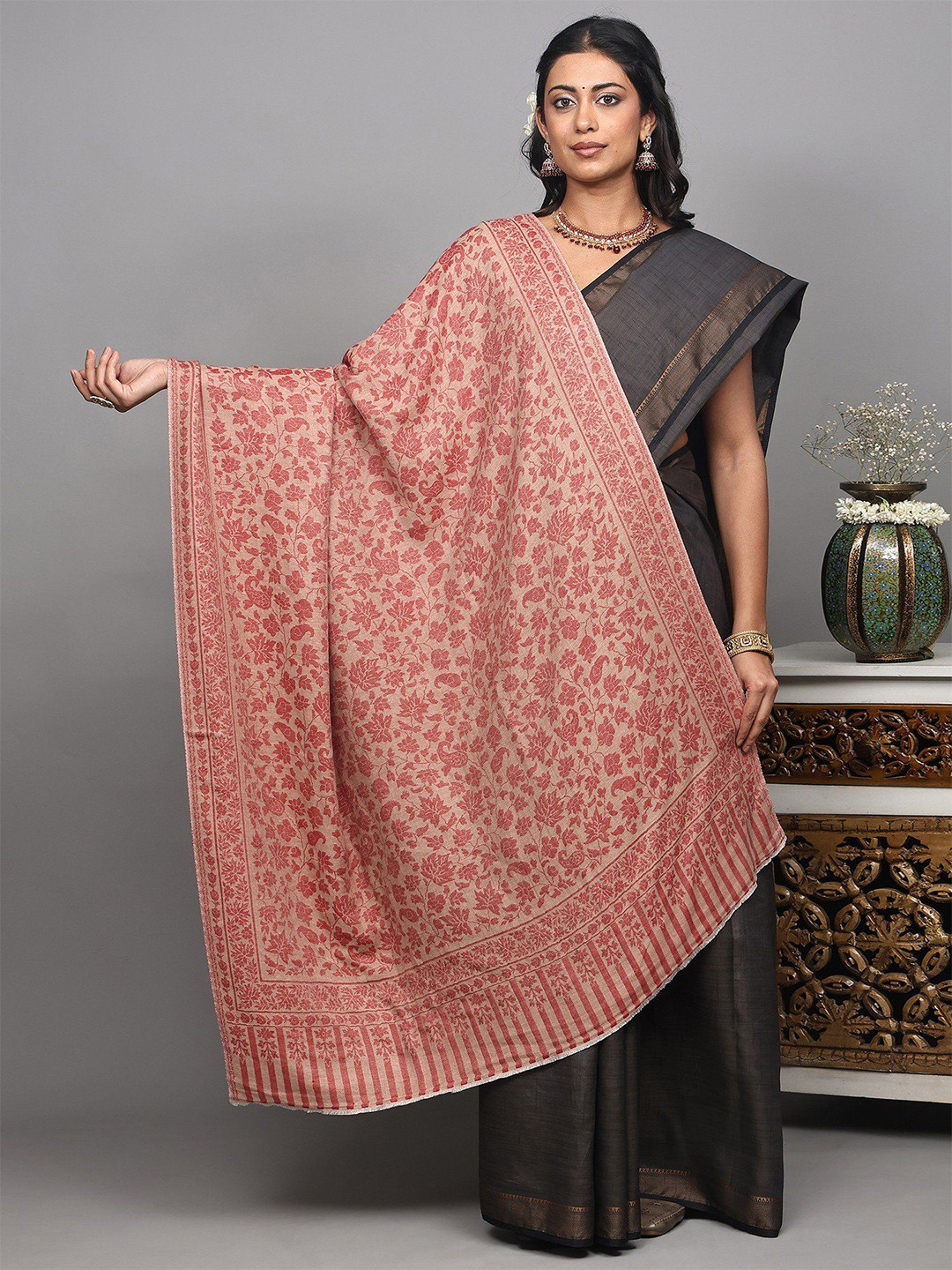 Exotic India Two Ply Reversible Woolen Shawl With Woven Paisleys And Maple Leaf Jaal