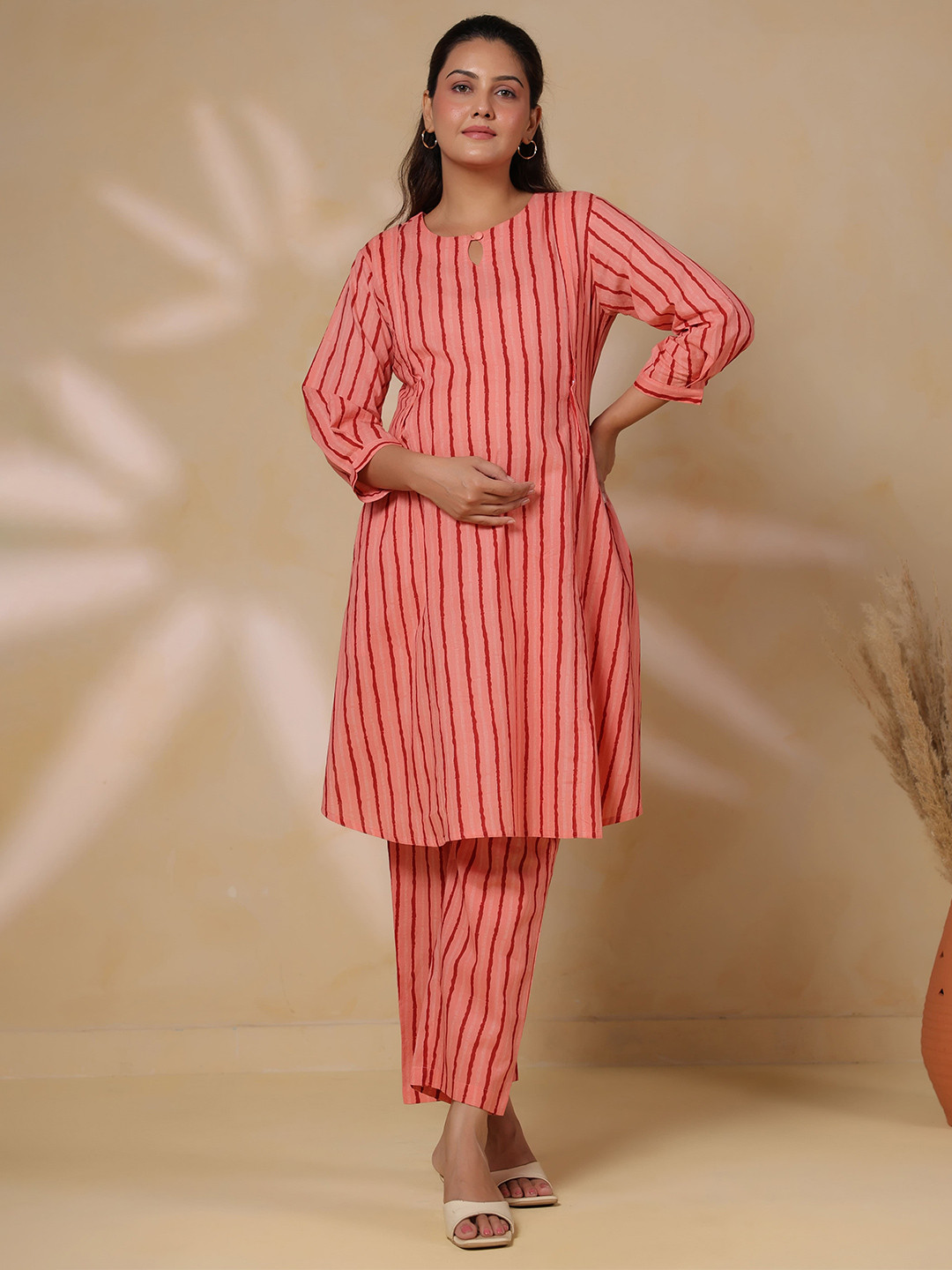 CRAFIQA Blushing Striped Cotton Maternity - Nursing Nightdress