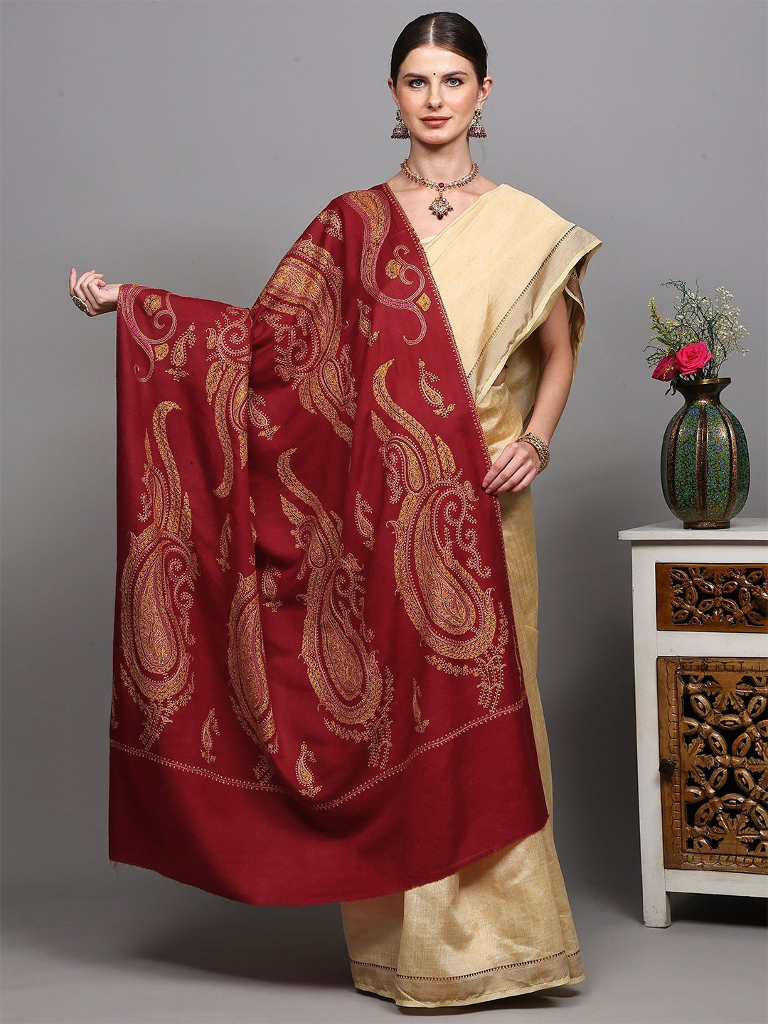 Exotic India Pure Wool Shawl From Kashmir With Sozni Embroidered Giant Paisleys
