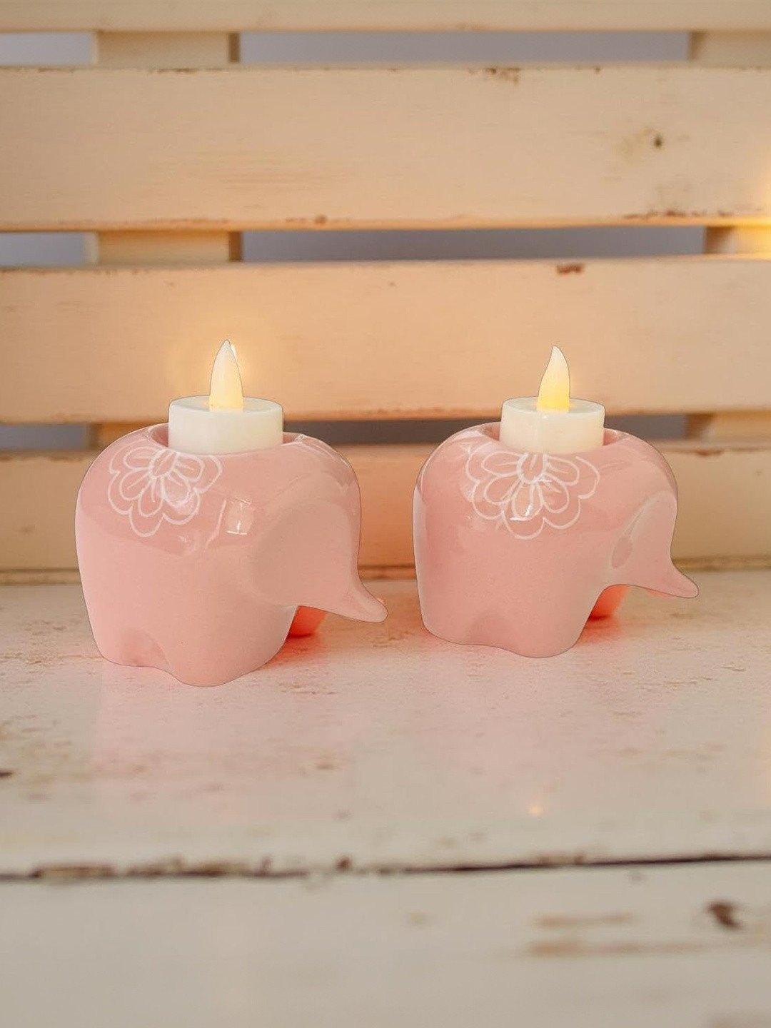 Lupaava Pink 2 Pieces Elephant Shaped Ceramic Tealight Candle Holders