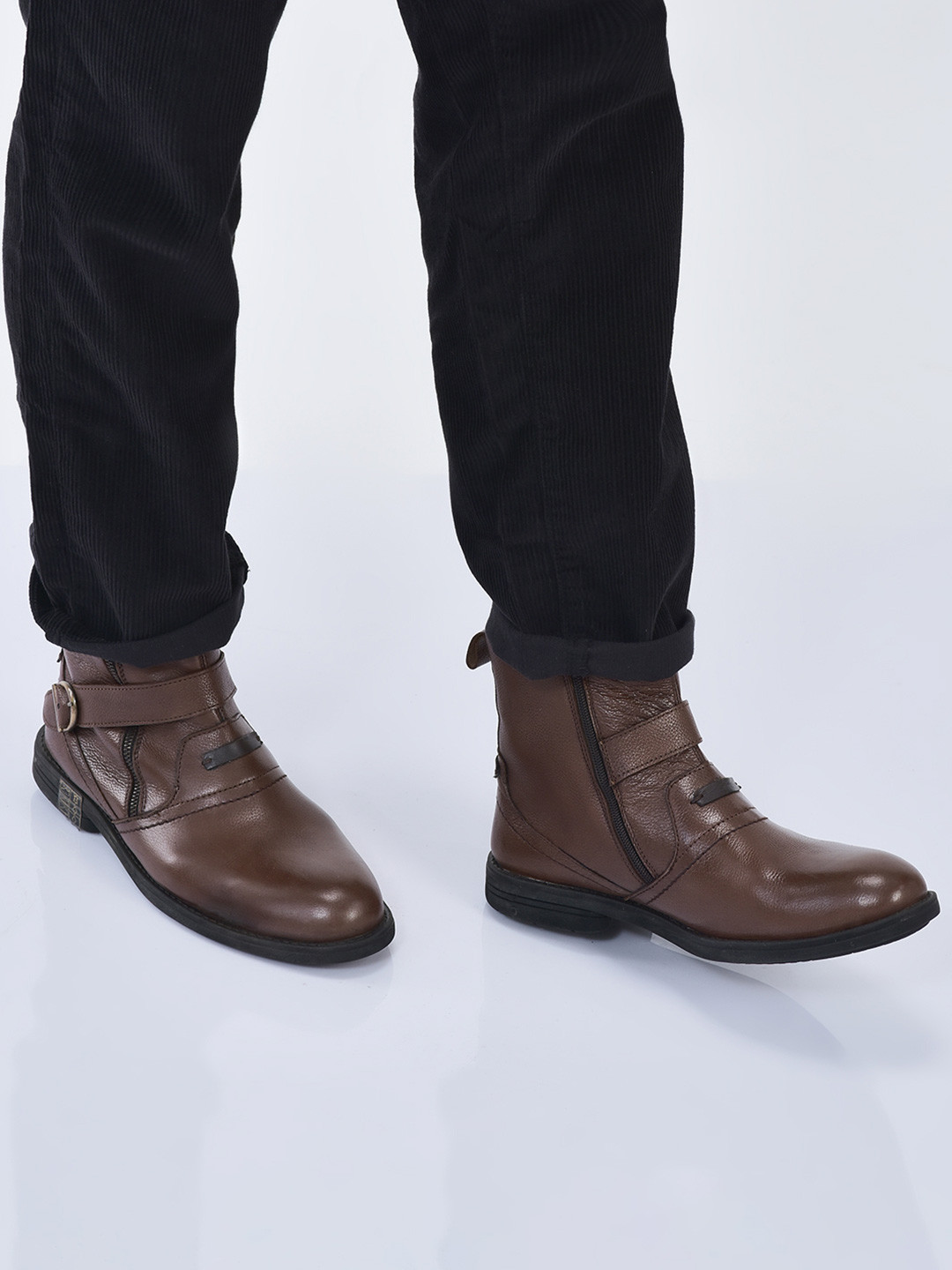 FAUSTO Men Genuine Leather Side Zipper Adjustable Strap Chelsea Boots