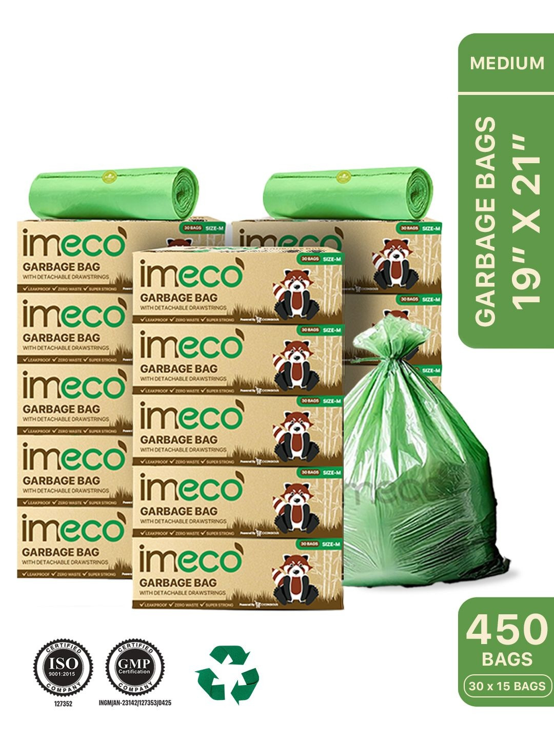 IMECO Pack Of 15 Eco-Friendly Garbage Bags With Drawstring