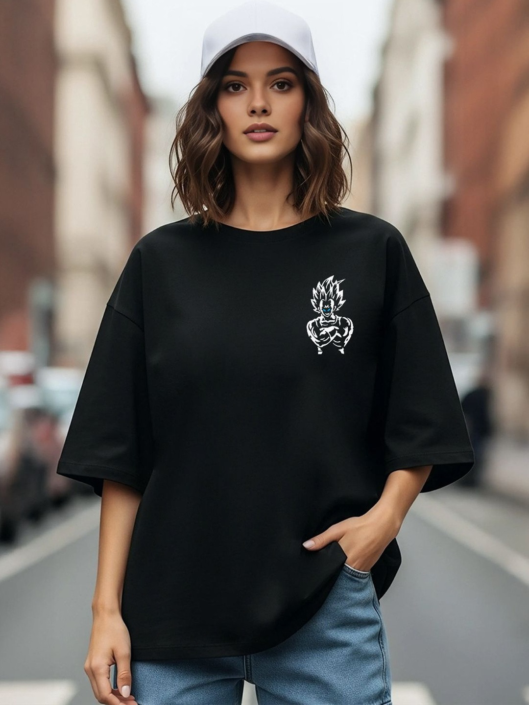 BENNY BROOKS Women Oversized Dragon Ball Z Print Drop-Shoulder Sleeves Round Neck T-shirt