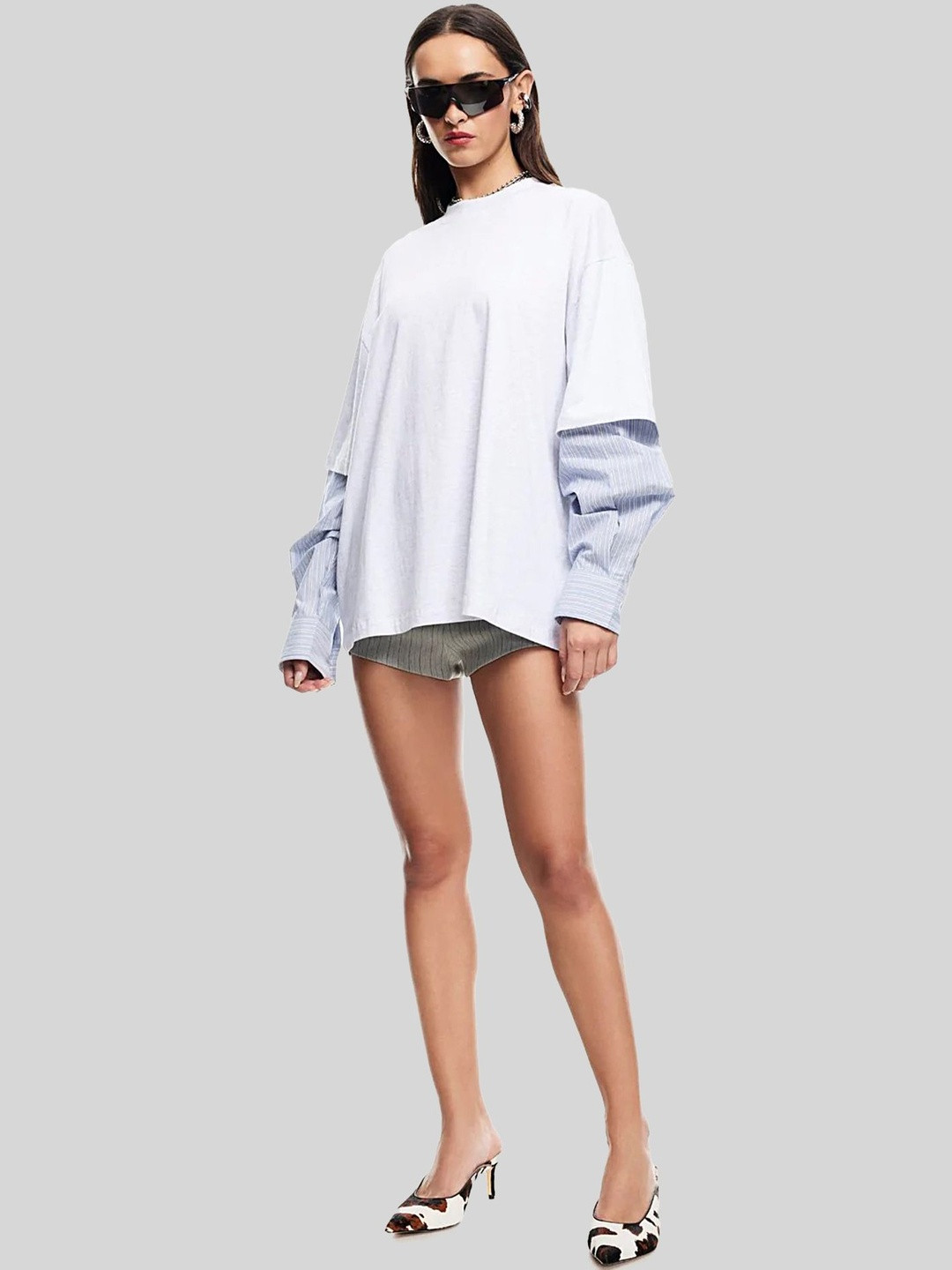 LULU & SKY Women Striped Sleeve Mock Neck T-shirt