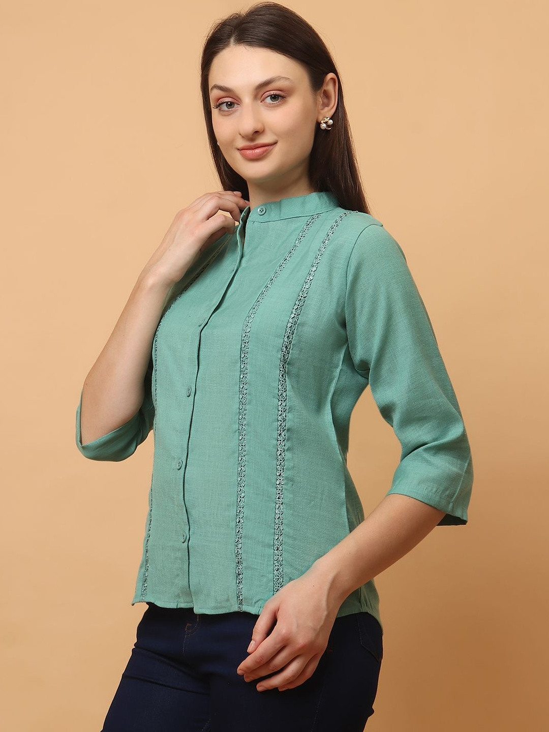 God's Club Women Floral Embroidered Band Collar Cotton Shirt Style Top