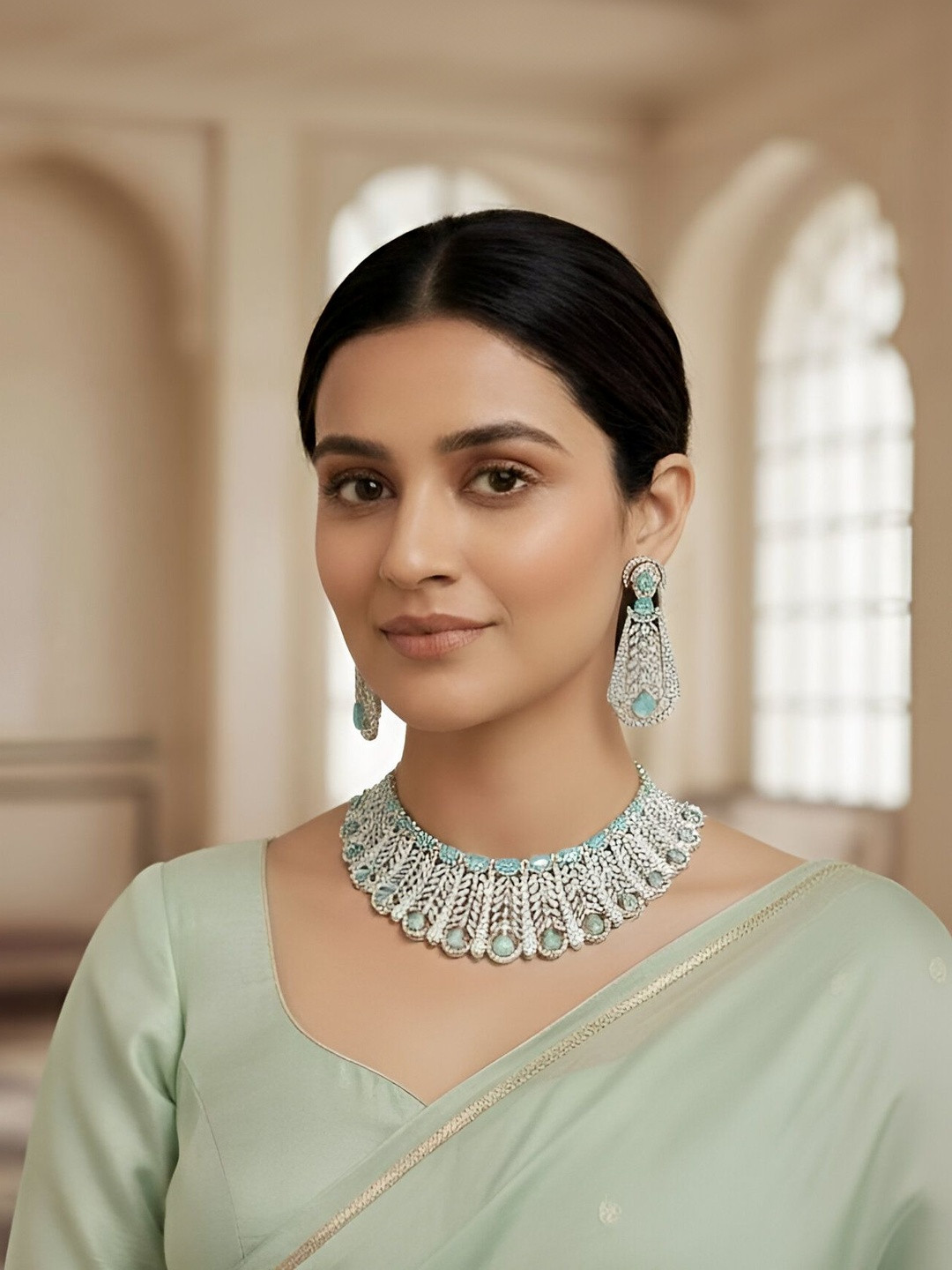 Jeweltos Silver-Plated Tourquise Blue & Cubic Zirconia Studded Jewellery Set