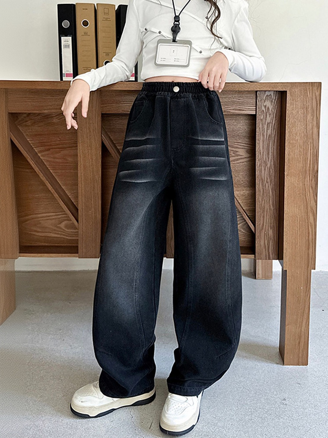 LULU & SKY Girls Wide Leg High-Rise Washed-effect Jeans