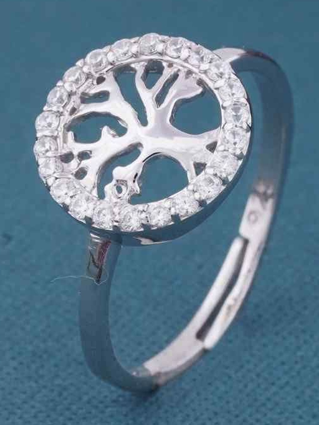 Zalkari 925 Sterling Silver Rhodium-Plated Cubic Zirconia-Studded Tree Of Life Finger Ring