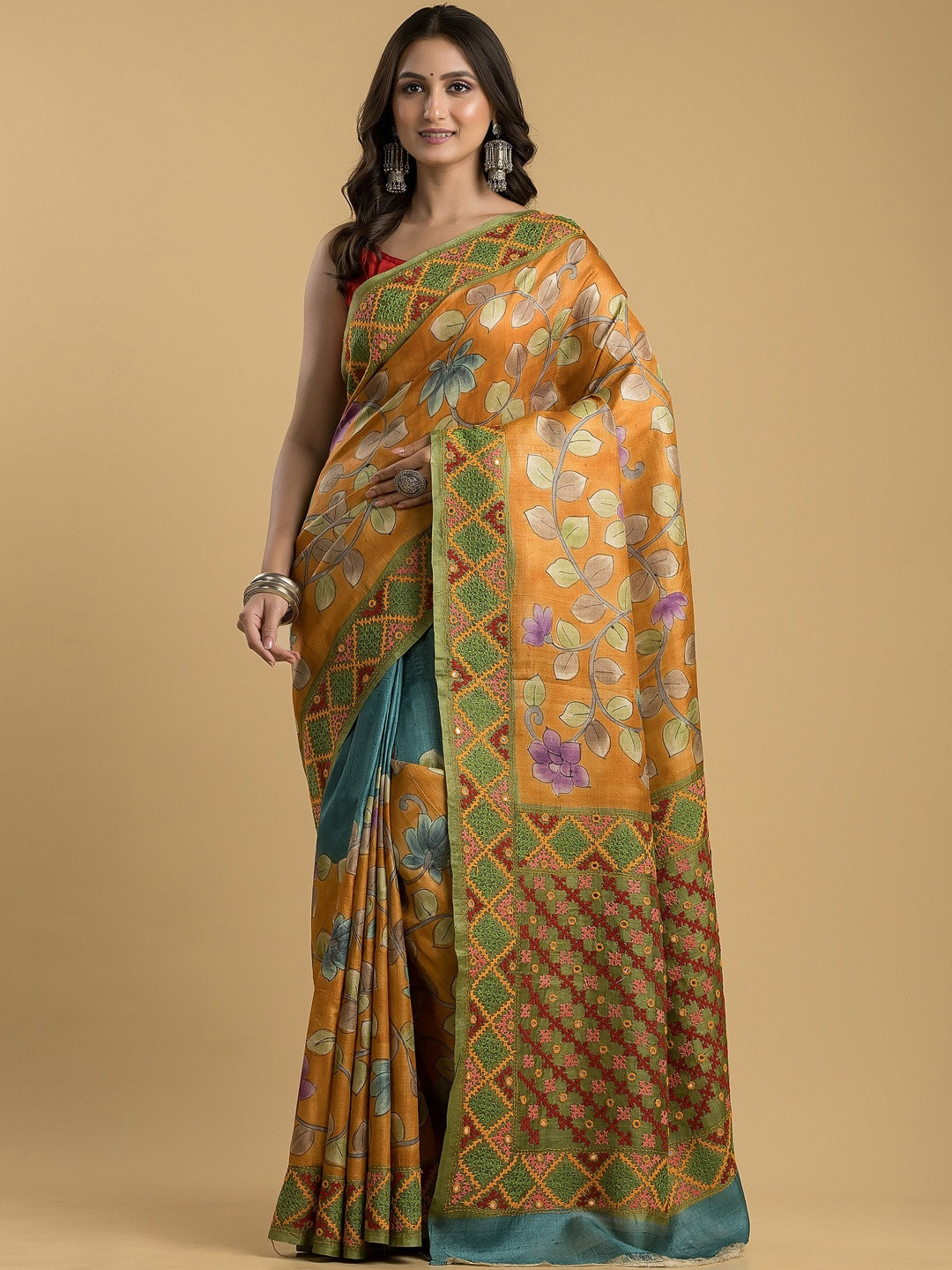 Silk Petalss Floral Mirror Work Silk Blend Heavy Work Core Saree