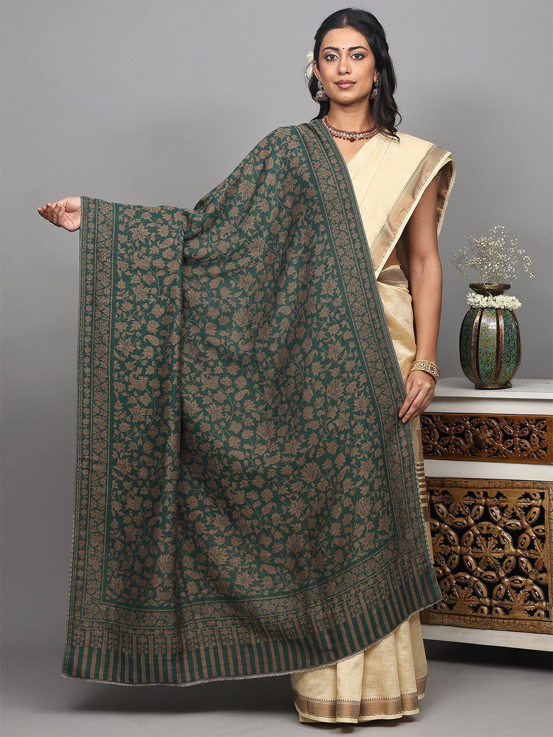 Exotic India Two-Ply Reversible Woollen Shawl With Woven Paisleys And Maple Leaf Jaal