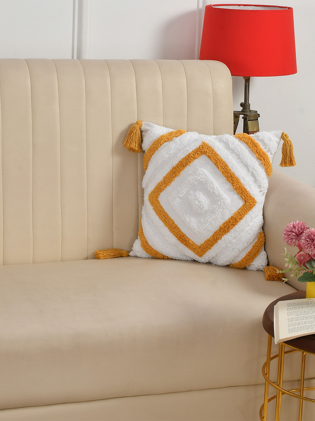 Dolce Casa Yellow Geometric Cotton Breathable Embroidered Square Cushion Cover -16x16In