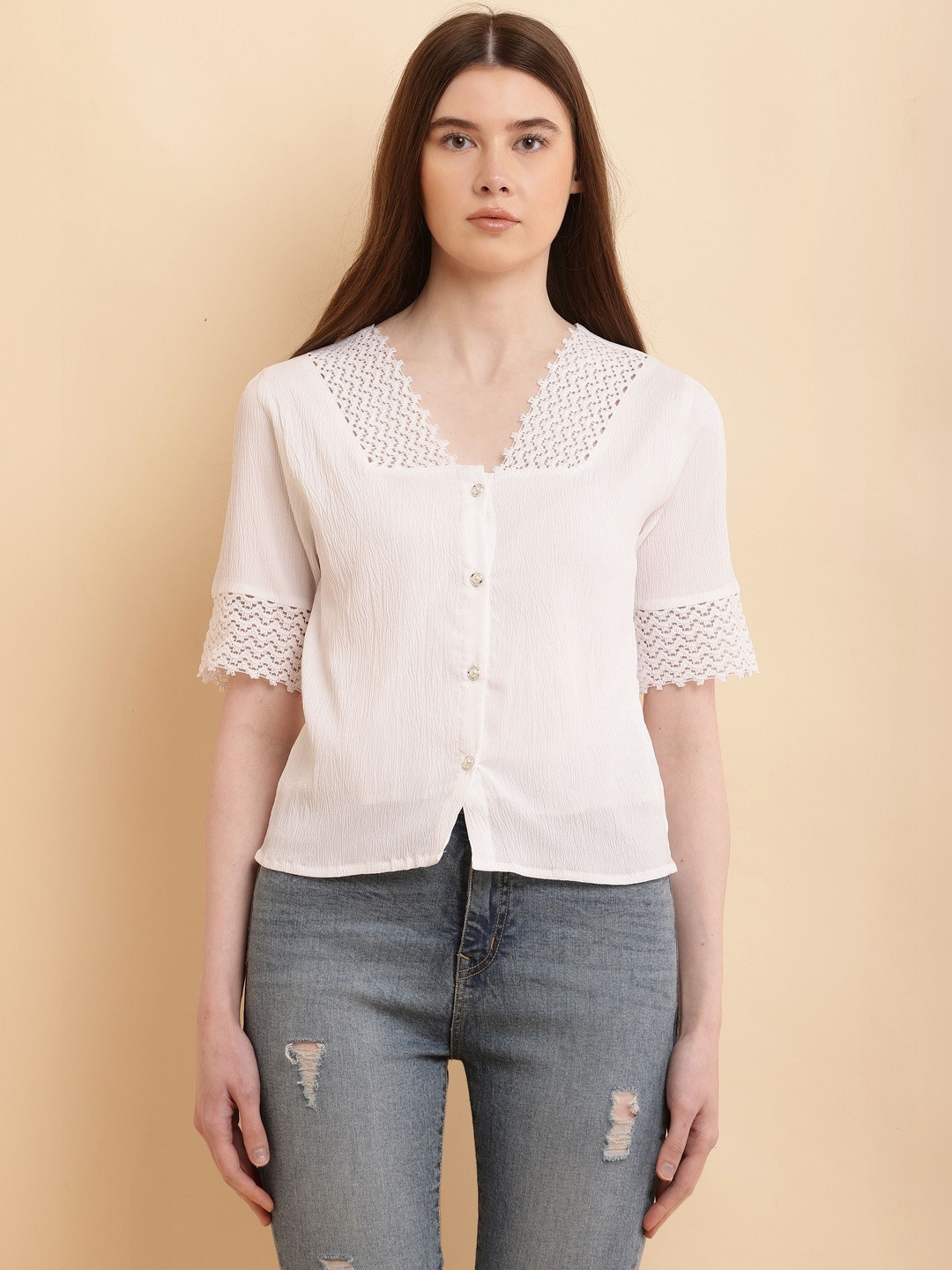 Absorbing Self Design V-Neck Short Sleeves Shirt Style Top