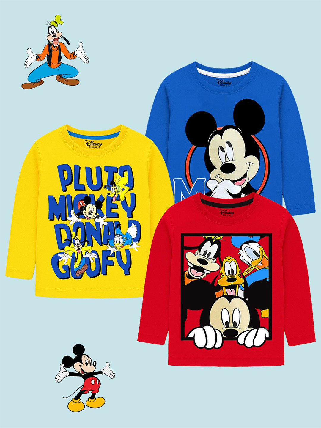 YK Disney Pack of 3 Boys Mickey Mouse Printed Tshirts