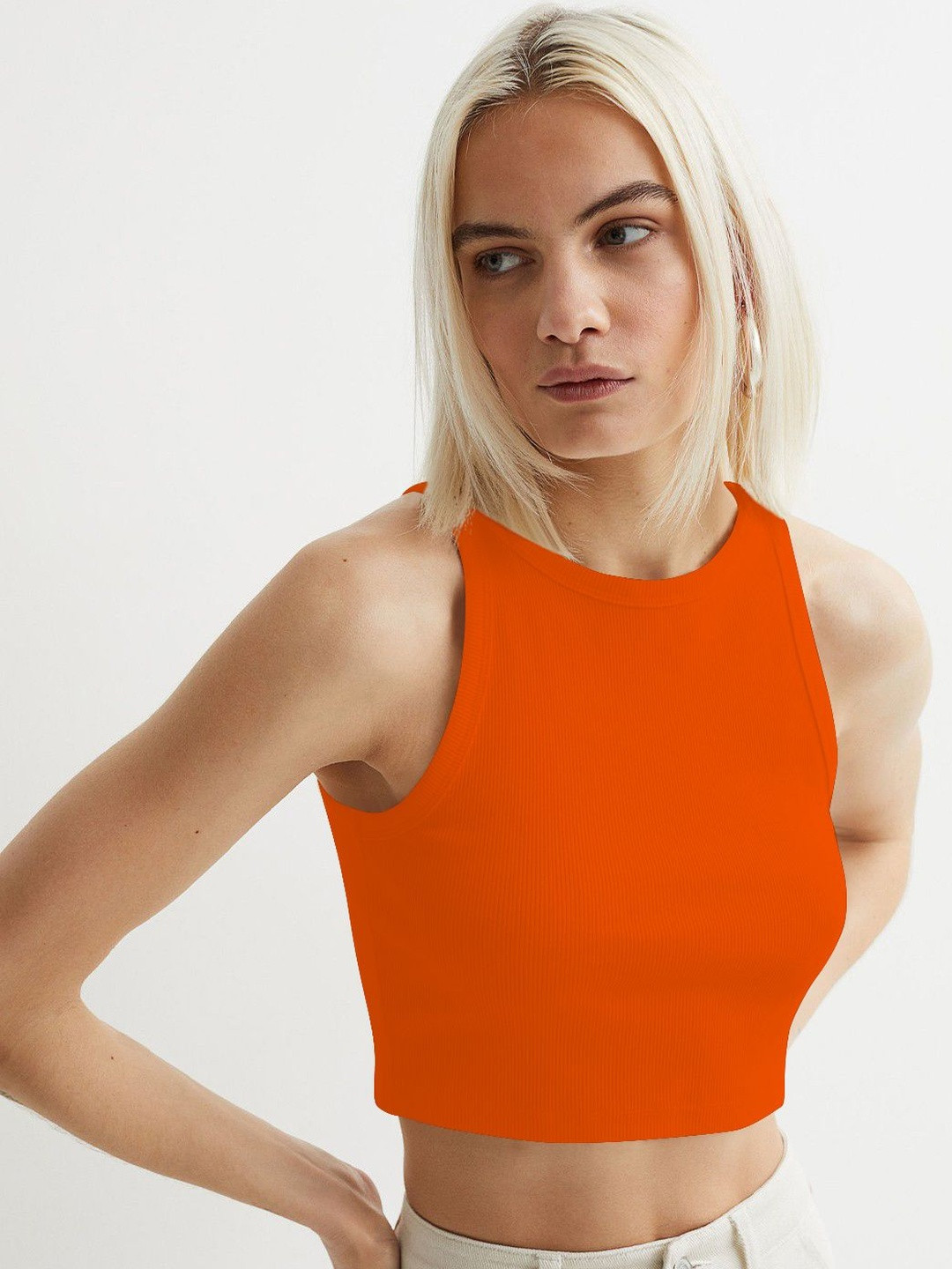 TOOCHKI Ribbed Solid Round Neck Lycra Crop Top