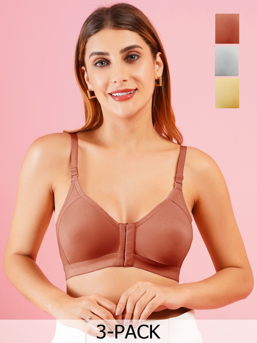 DressBerry Women Pack Of 3 Seamless Non Padded Front Open Bra