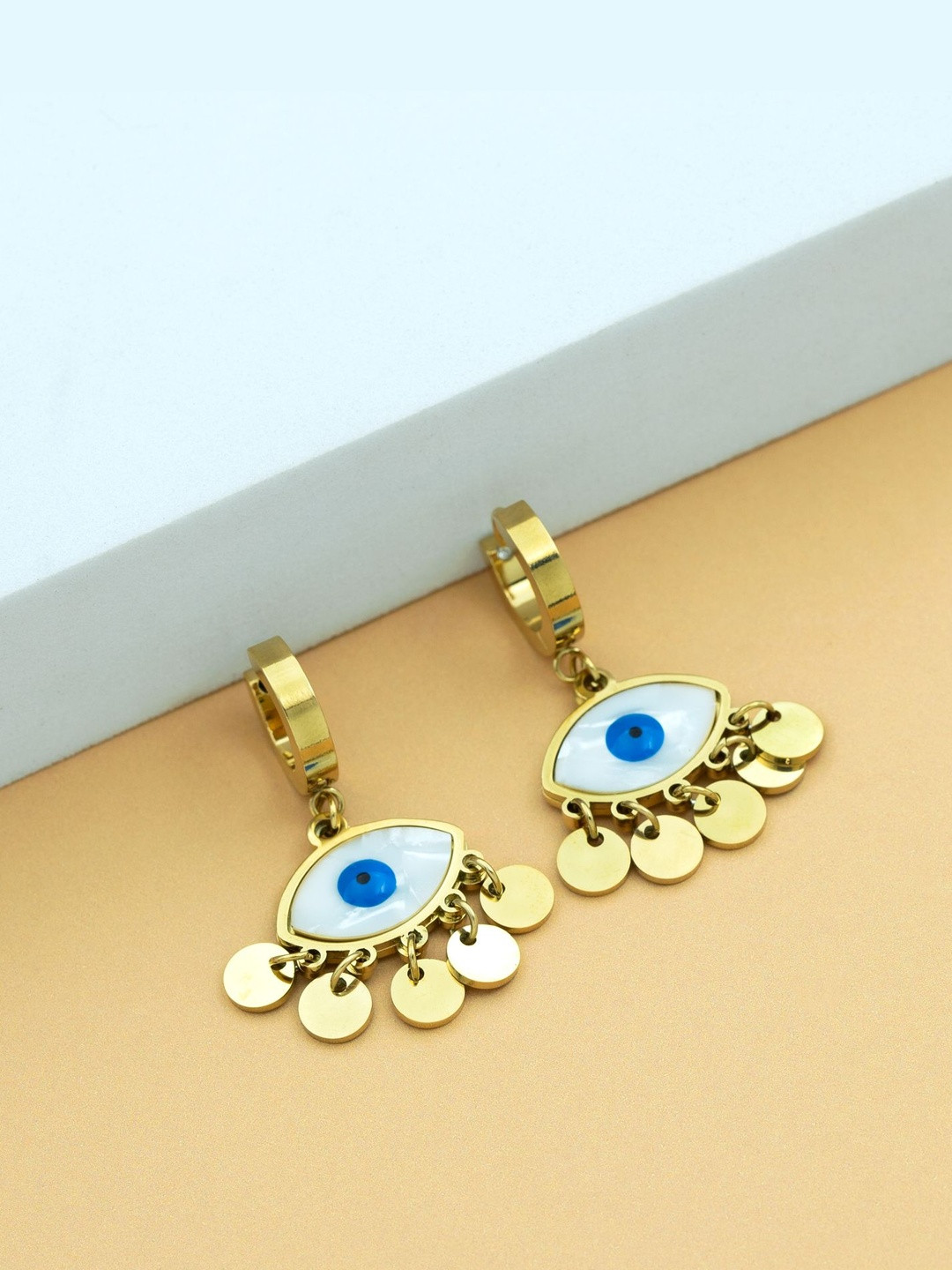 ARTKLIM Stainless Steel Gold Plated Enamelled Evil Eye Oval Shaped Drop Earrings
