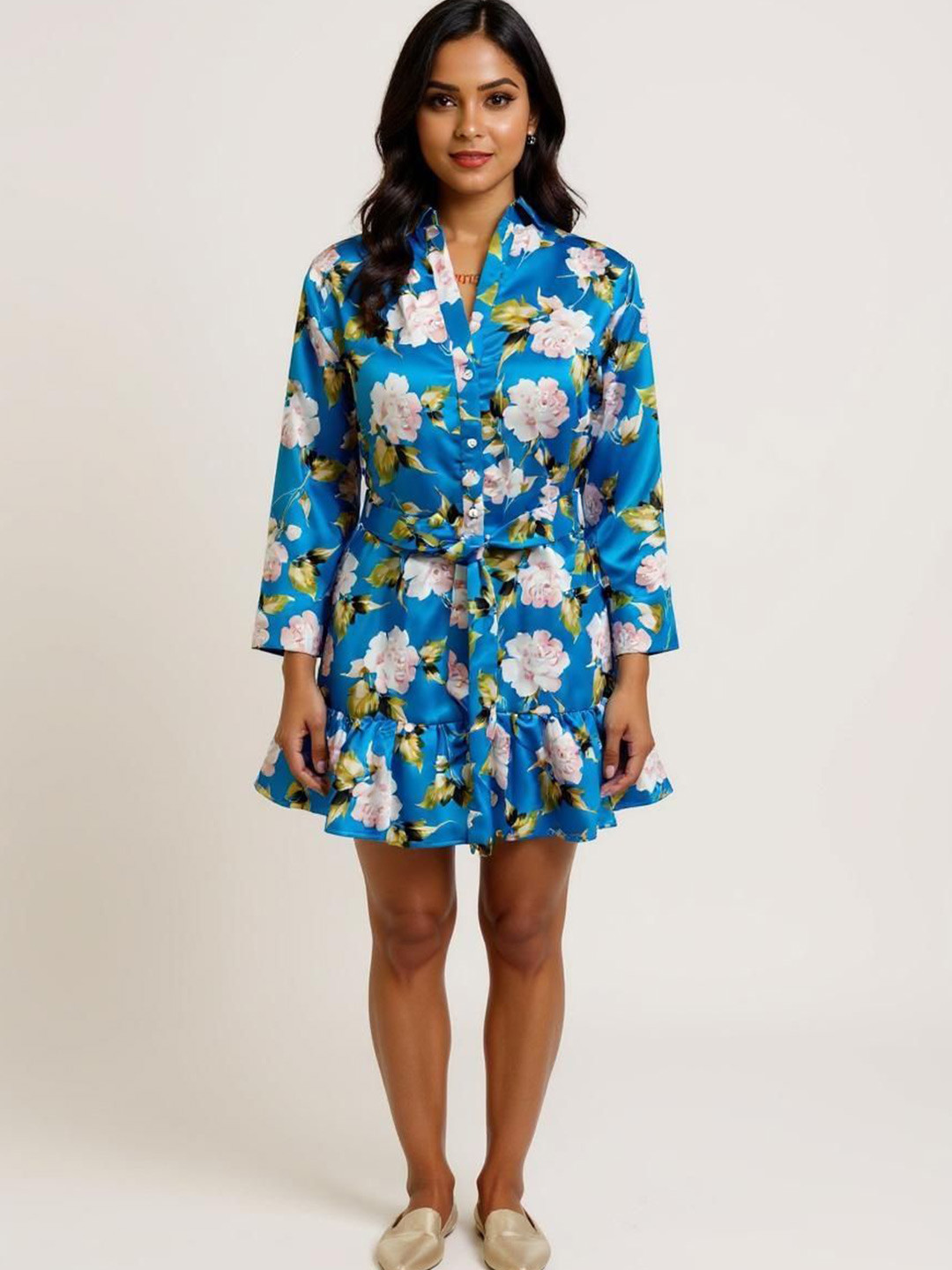 GLAM & CHIQUE Floral Print Ruffled Satin Shirt Dress