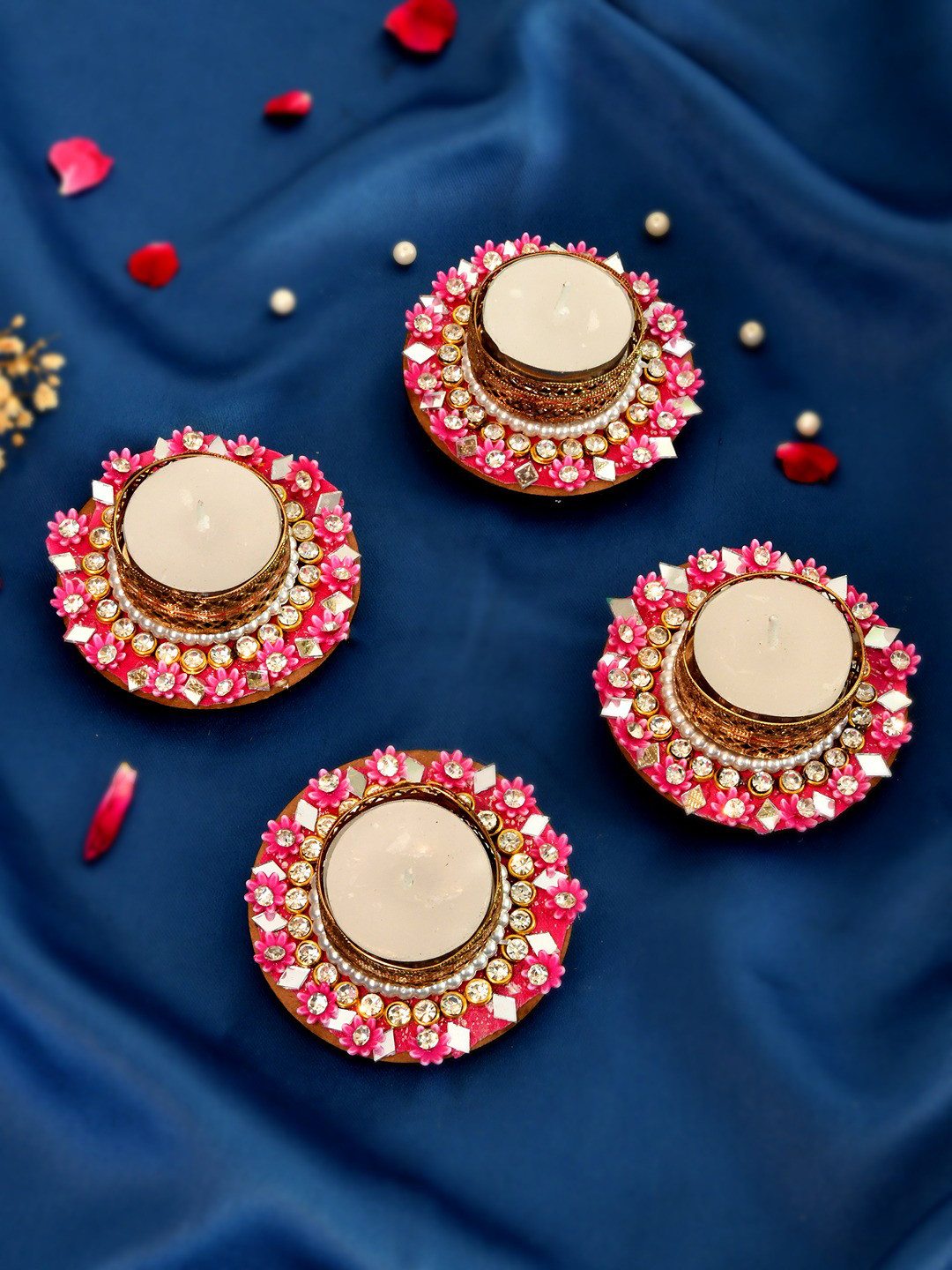 Aapno Rajasthan Gold Toned 4 Pieces Embellished Decorative Tealight Candle Holders