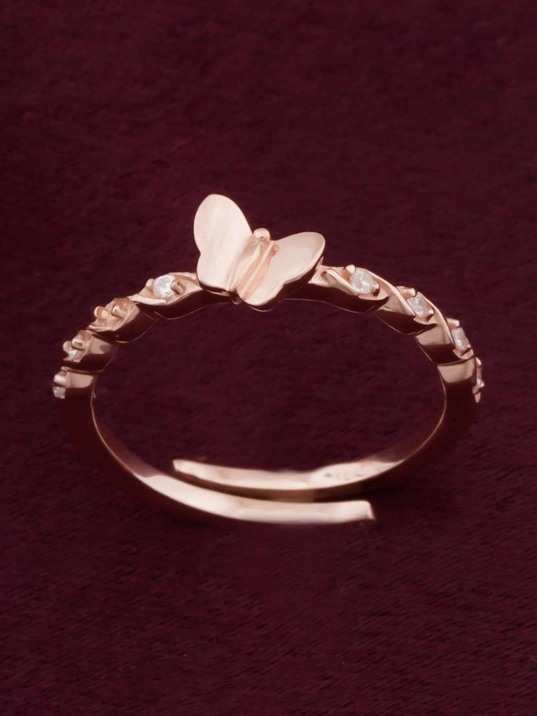Zalkari Silver Rose Gold-Plated Cubic Zirconia-Studded Butterfly Valentine Finger Ring