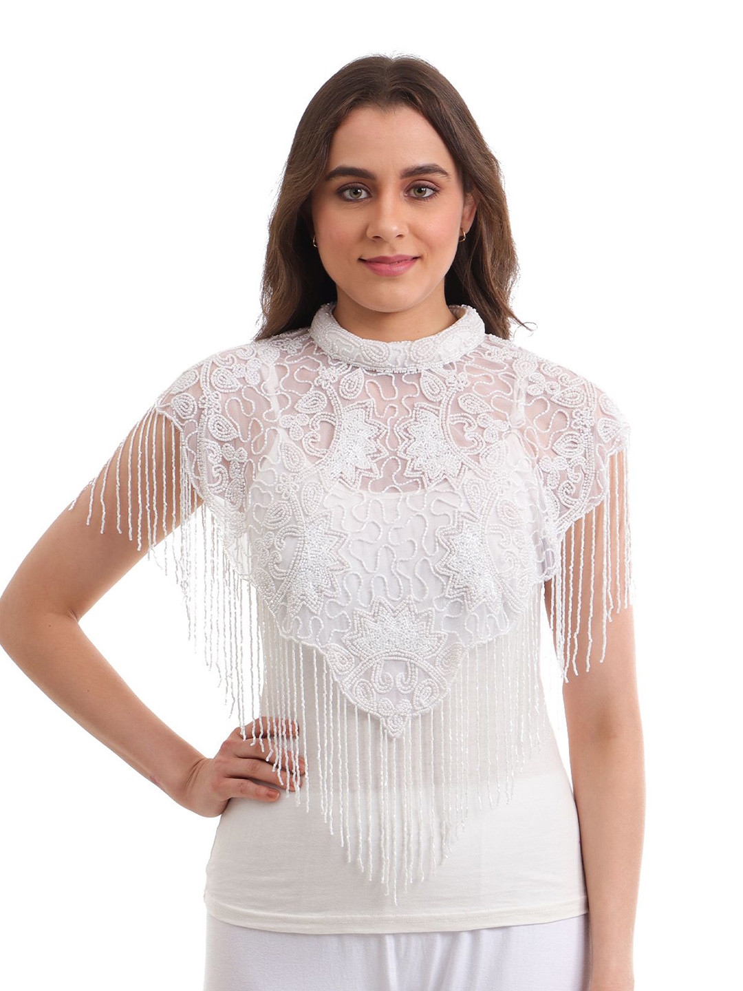 JEDCO Floral Embroidered  Round Neck Waterfall Shrug With Beaded detail