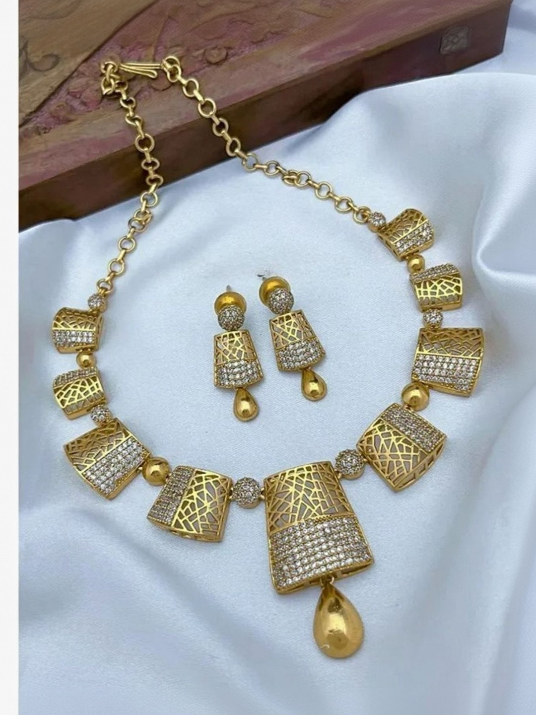 AAYPEE Gold-Plated American Diamond Studded Antique Necklace With Earrings