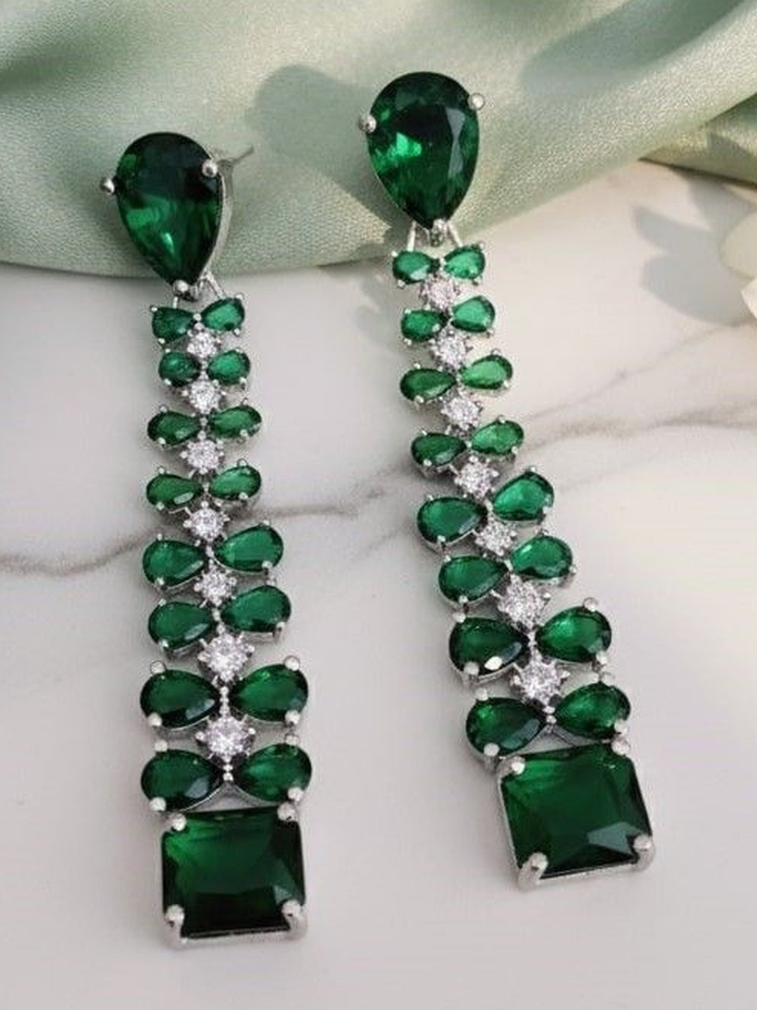 Opal Touch Silver-Toned Geometric Shaped Cubic Zirconia Studded Drop Earrings