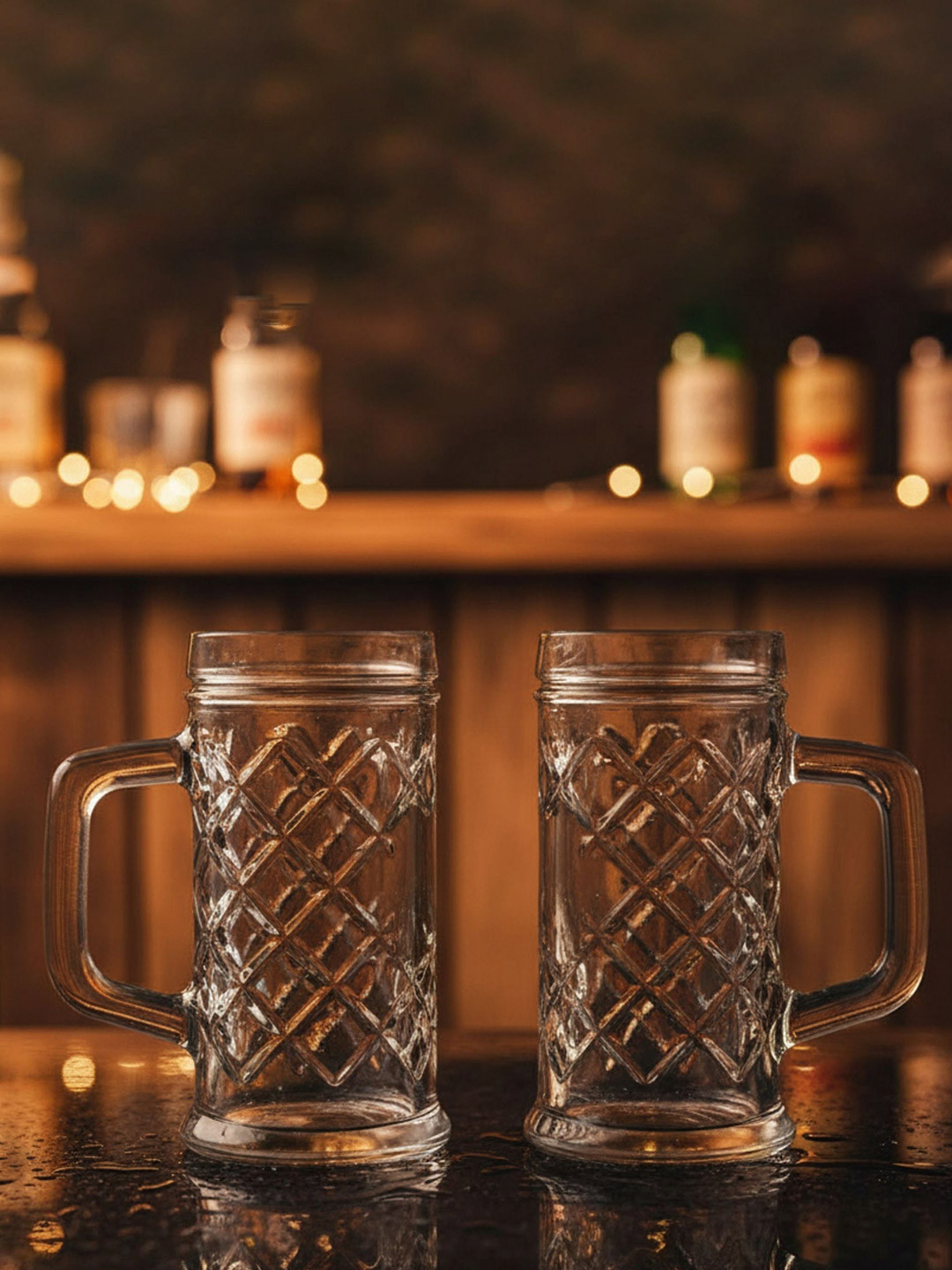 Uniglass Rhombus Beer Mugs Set of 2 Lead Free Transparent with Handle 300 ml