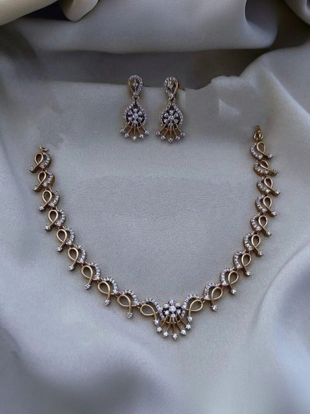AAYPEE Gold-Plated American Diamond Studded Antique Necklace With Earrings