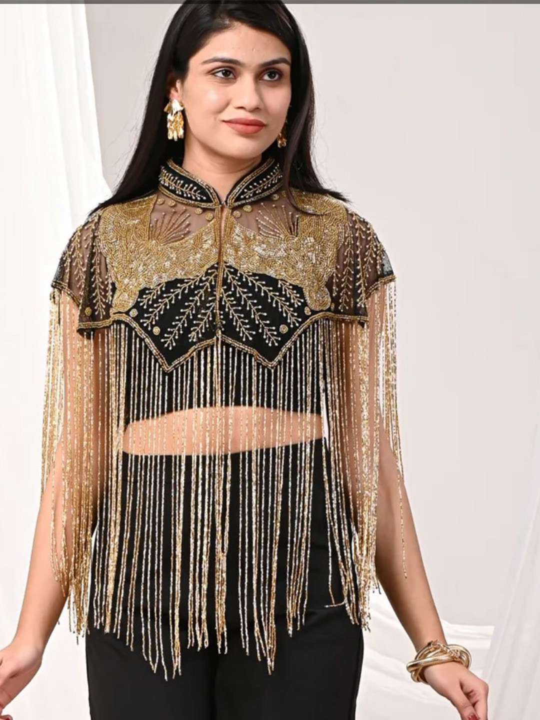 JEDCO Embroidered Self Design Mandarin Collar Short Sleeves Waterfall Shrug