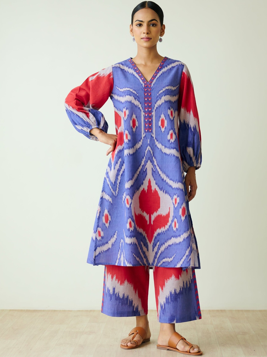 Rustorange Ethnic Motifs Printed V-Neck Thread Work Pure Cotton A-Lien Kurta With Palazzos
