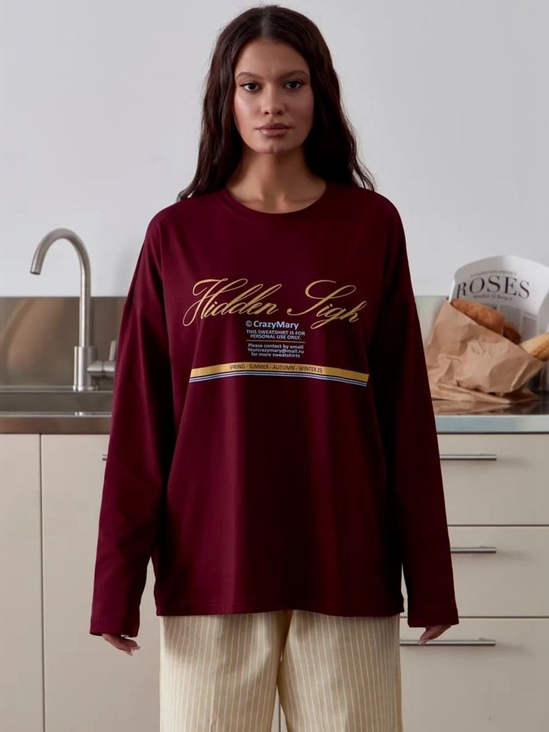 LULU & SKY Women Typography Printed Pure Cotton Round Neck Long Sleeves Oversized T-shirt