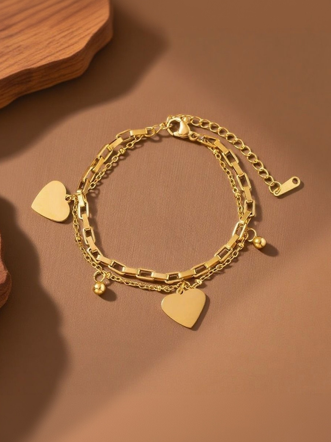 MYKI Stainless Steel Gold-Plated Artificial Beaded Heart Link Dual Chain Charm Bracelet