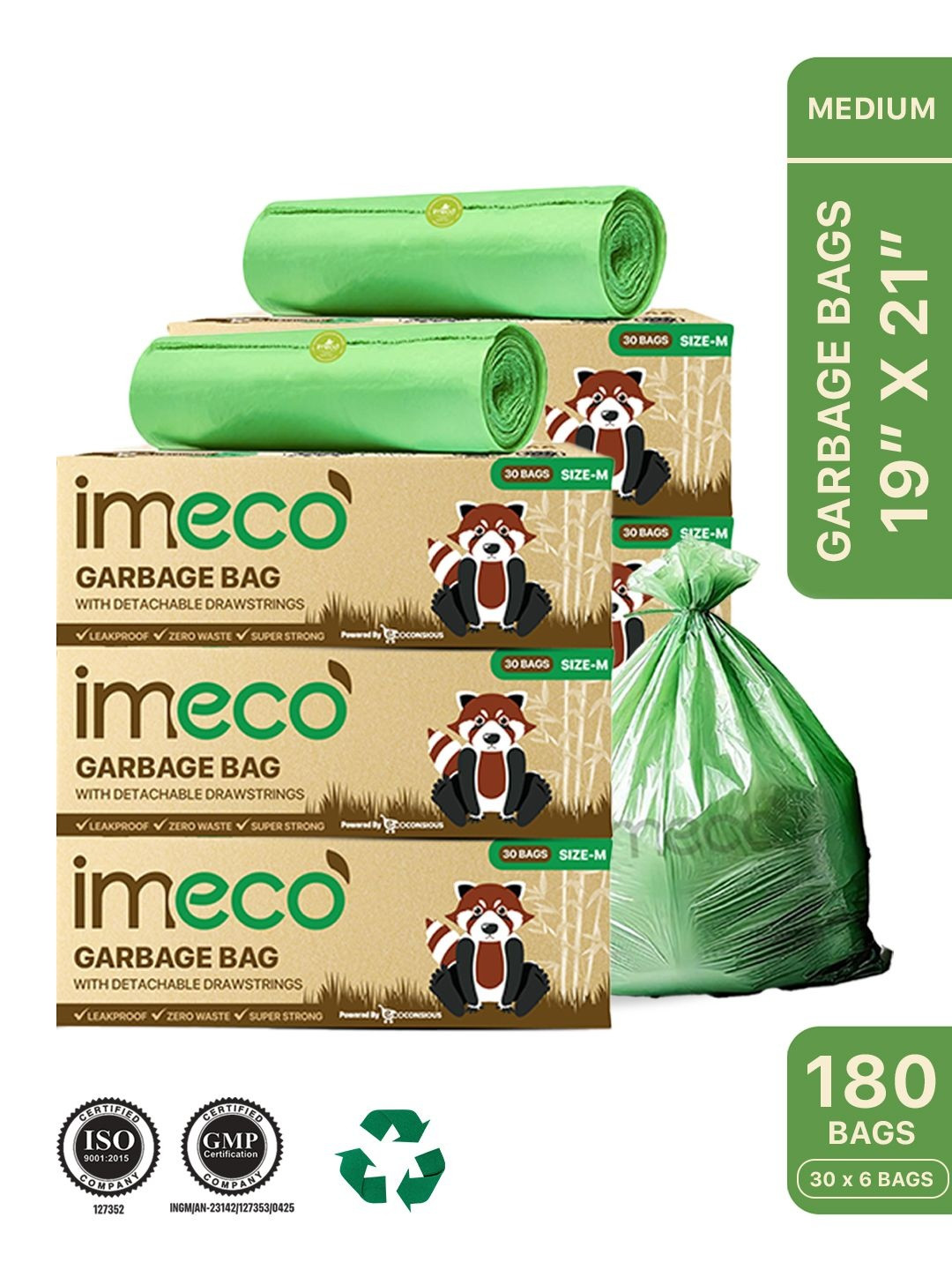 IMECO Pack Of 6 Medium Eco-Friendly Garbage Bags with Detachable Drawstrings- 30 Bags Each
