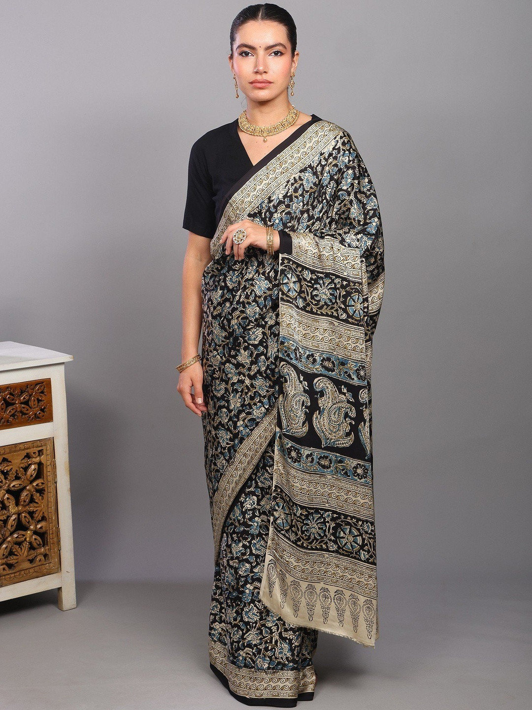 Exotic India Kalamkari Block Print Saree