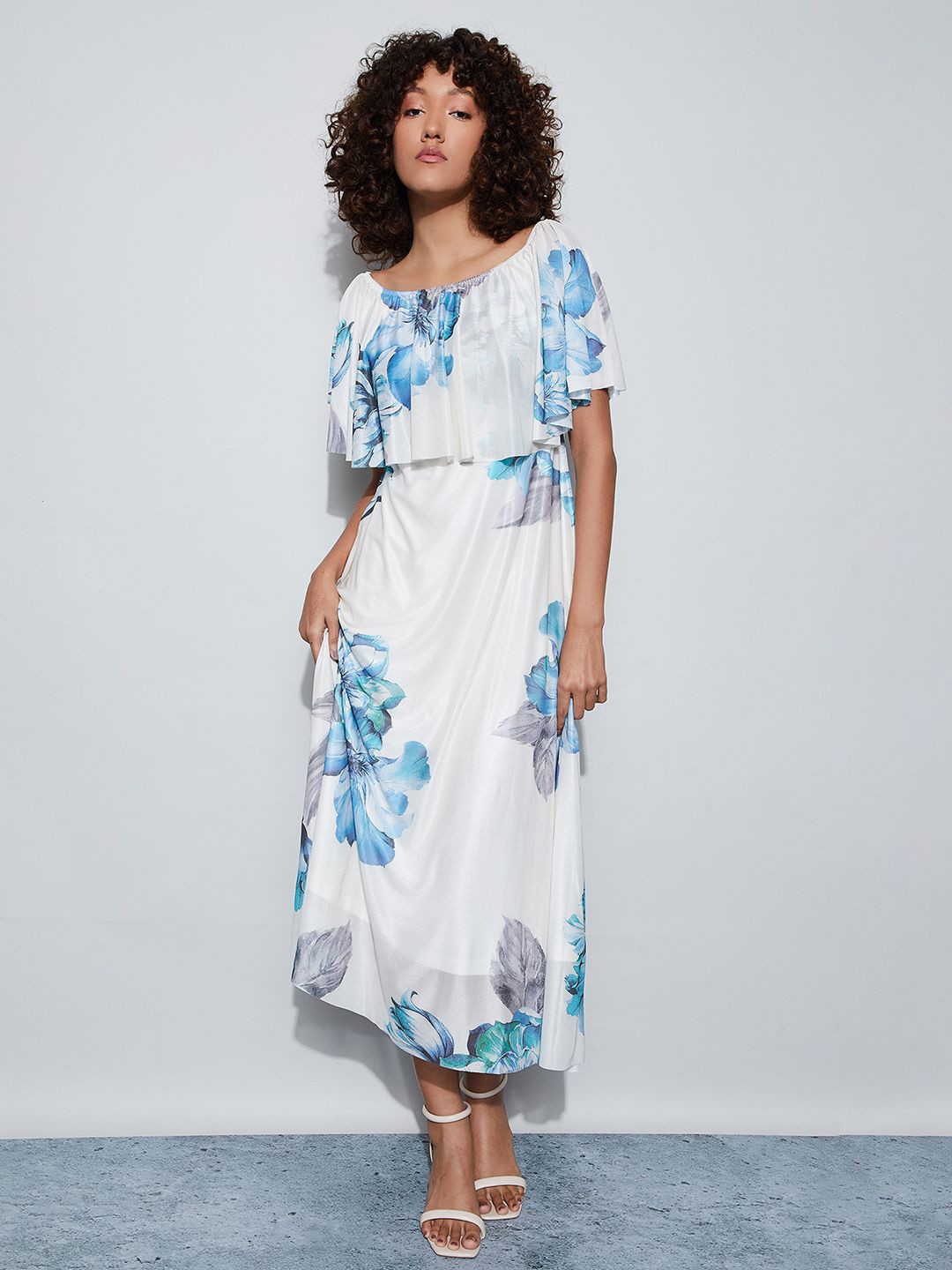 CODE by Lifestyle Floral Print Flared Sleeve Ruffled A-Line Midi Dress