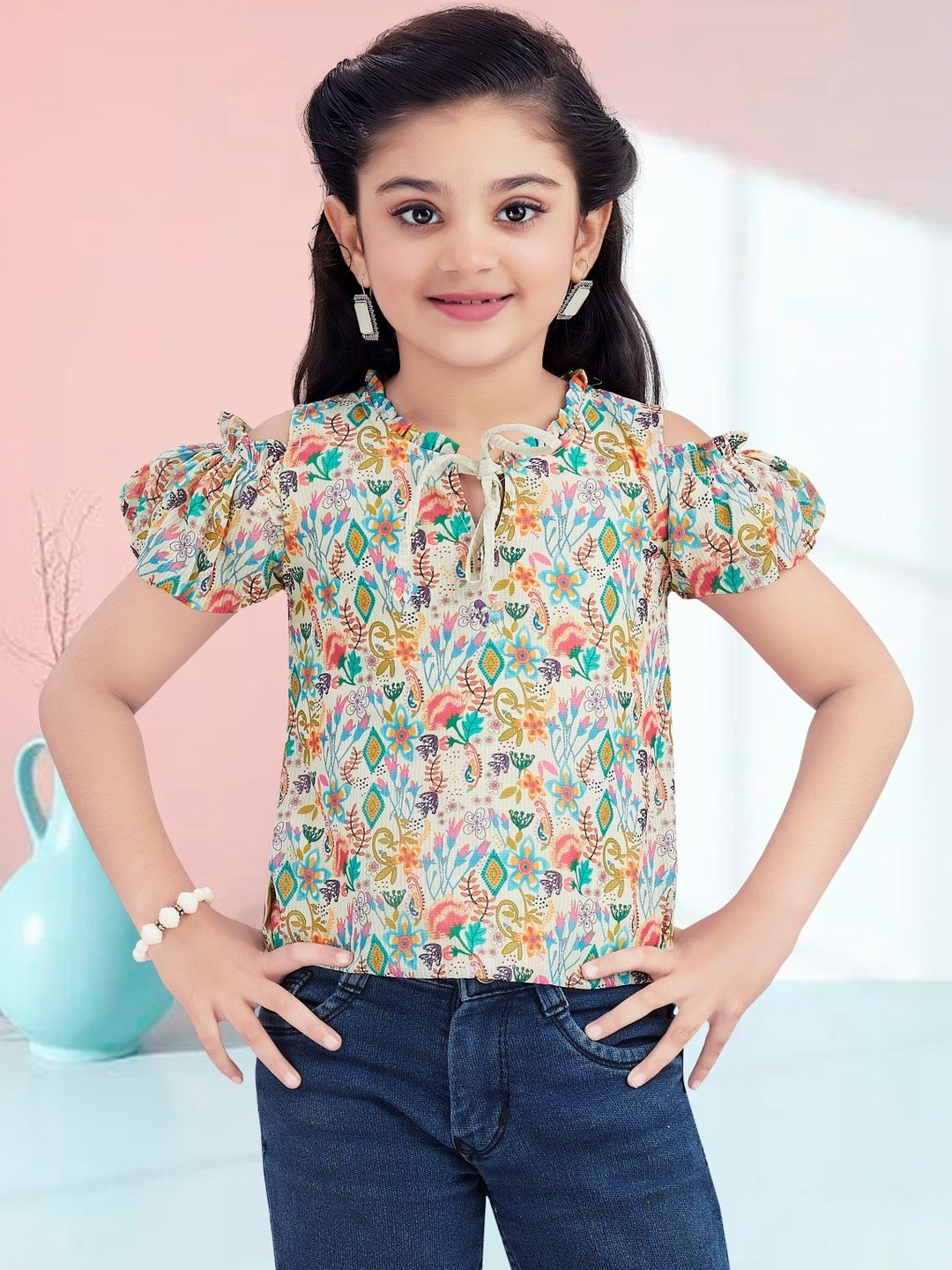 Lei-Chie Girls Floral Printed Tie-Up Neck Cold-Shoulder Sleeves Top