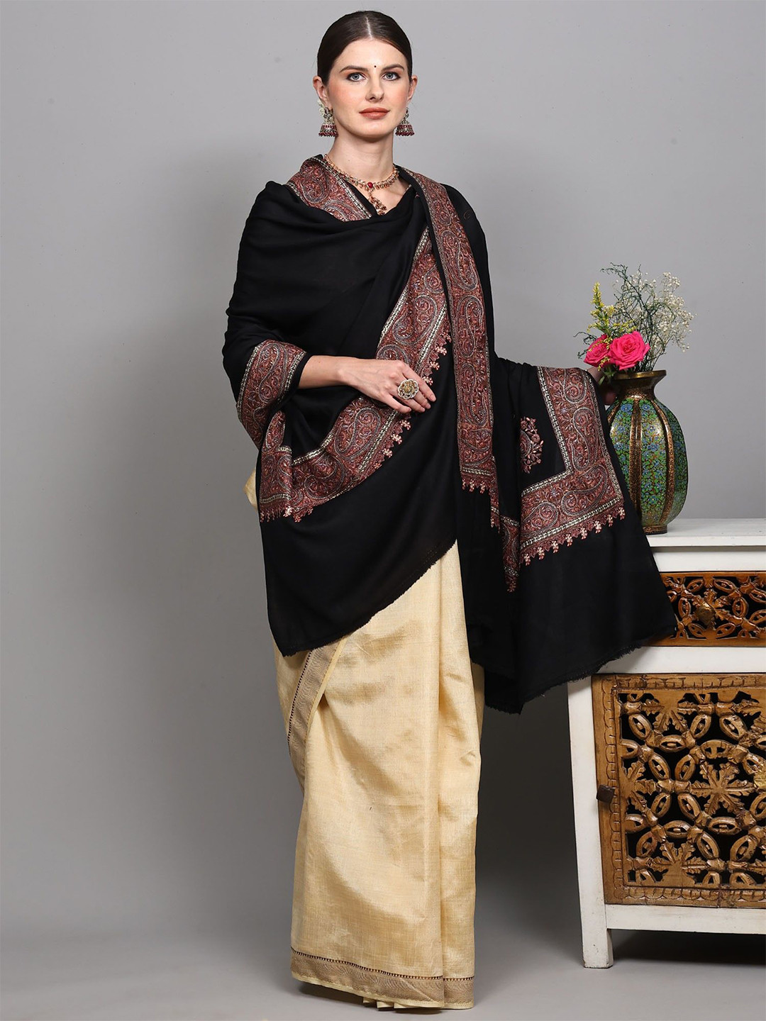 Exotic India Woollen Shawl With Thread Embroidered Border Paisley & Corners From Amritsar